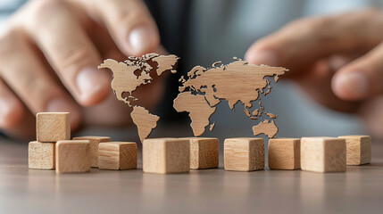 Aufkleber - Innovative leader exploring global trends with wooden world maps and blocks. This captures essence of strategic planning and global awareness