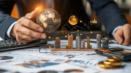 Poster - Transforming global investment strategies through data analysis and visualization, businessman holds globe while discussing financial growth