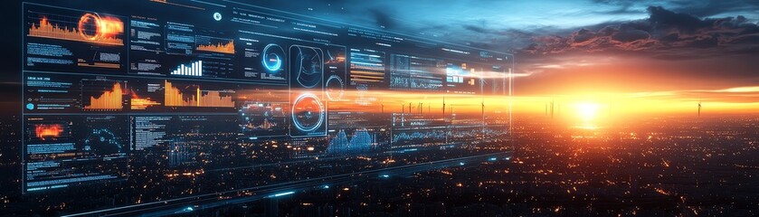 Poster - A hightech digital dashboard featuring wind turbine performance metrics, energy efficiency analytics, sleek design, vibrant visuals, ultradetailed, 4K