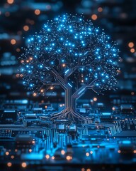 Fototapete - A luminous digital tree with pulsating neon lights, embedded in a hightech circuit board, futuristic technology theme, sharp and vivid design