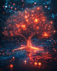 Fototapete - A luminous digital tree with pulsating neon lights, embedded in a hightech circuit board, futuristic technology theme, sharp and vivid design