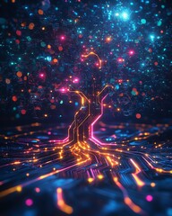 Aufkleber - A luminous digital tree with pulsating neon lights, embedded in a hightech circuit board, futuristic technology theme, sharp and vivid design