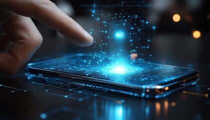 Aufkleber - A medium shot of a smartphone projecting a glowing holographic AI assistant, blending minimalist style with AI technology assistance, ultradetailed digital art, 8K resolution