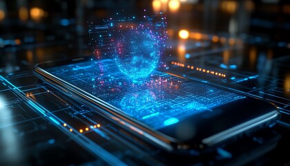 Poster - A medium shot of a smartphone with a holographic AI assistant projected above it, blending artificial intelligence with sleek minimalist aesthetics, vibrant and detailed, 8K