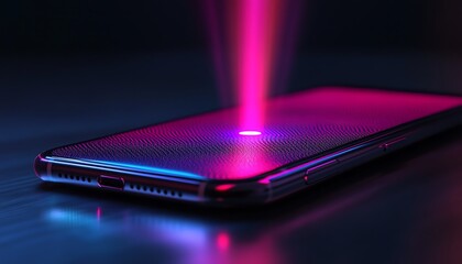 Fototapete - A medium shot of a smartphone with a holographic AI assistant projected above it, blending artificial intelligence with sleek minimalist aesthetics, vibrant and detailed, 8K