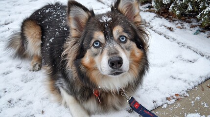 Wall Mural - Fluffy dog with blue eyes in the snow.