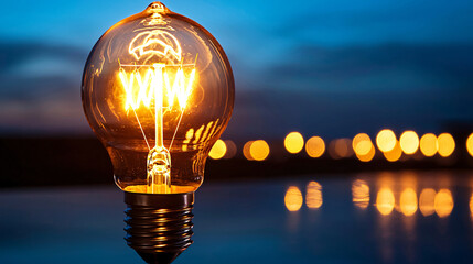 Poster - glowing light bulb illuminates evening, symbolizing innovation and sustainability. Its warm glow contrasts with blurred background lights, creating serene atmosphere