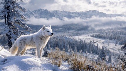 Wall Mural - majestic white wolf standing on snowy mountain peak overlooking winter landscape.