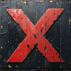 Aufkleber - large, weathered red X symbol on dark, textured background, showcasing peeling paint and rustic appearance. This striking image evokes sense of boldness and imperfection