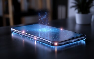 Fototapete - A phone projecting a floating holographic AI assistant, blending advanced AI technology with a clean, minimalist design, virtual helper theme, ultradetailed, 4K quality