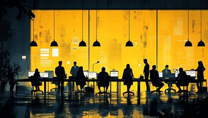 Poster - A team of business people collaborating in a creative office, sharing ideas and working together, teamwork concept, modern design, highquality illustration