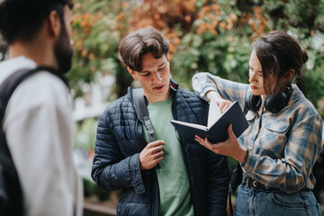 Poster - A group of students engages in study and discussion outdoors, surrounded by greenery. They are reviewing a notebook to prepare for an exam or project.