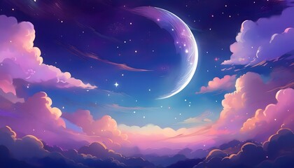 Wall Mural - Gradient mystical moonlight sky with clouds and stars. Fantasy beautiful background