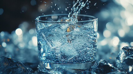 Wall Mural - Ice falling into glass with water. cold healthy refreshment drink or beverage, clean blue white flow splashing, liquid freshness in motion, cool.