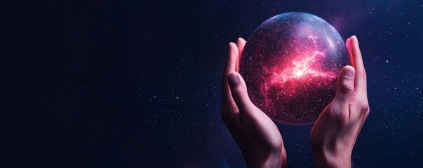 Wall Mural - A person holds a glowing orb that represents the universe, surrounded by cosmic elements, symbolizing creativity and exploration of the cosmos.
