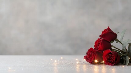 Canvas Print - Romantic red roses with fairy lights on a table.