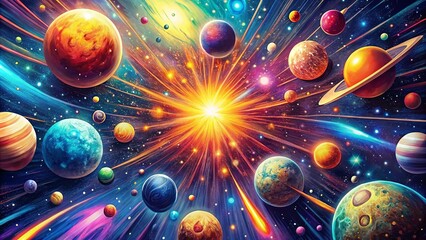 Wall Mural - a vibrant cosmic explosion showcases a multitude of planets, stars, and celestial bodies in a dazzli