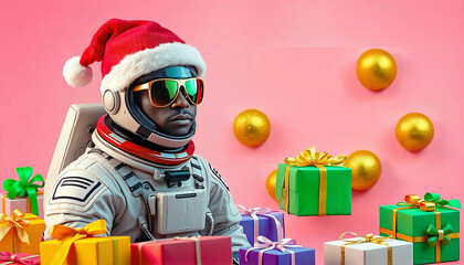 Wall Mural - Cool astronaut with Santa hat, sunglasses and gifts, isolated on pink background