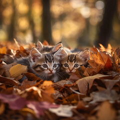 Sticker - A close-up photograph of kittens hiding in a pile of colorful autumn leaves, their tiny faces peeking out, soft golden-hour lighting casting warm glows on their fur, with a blurry forest background. 