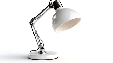 A white lamp with a silver base and a white shade