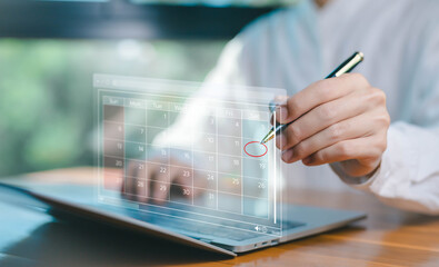 Fototapete - plan schedule calendars online on a laptop, arrange appointment agendas in business and manage planning meetings. timeline design on technology digital concept