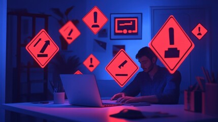 Man working late at night on laptop, surrounded by digital warning signs.