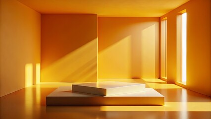 Wall Mural - minimalist yellow room with bright sunlight and display platform