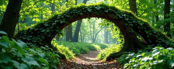 Wall Mural - Vines and moss-covered wooden beam forming an arch in a shaded glade, archway, shade, forest