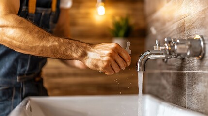 Close-up of worker washing hands at bathroom sink.