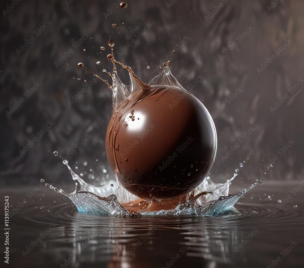 Chocolate ball being dropped into a pool of water, energy, movement ...