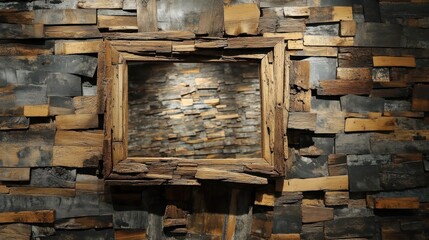 Wall Mural - Rustic wooden frame on a textured wood plank wall.