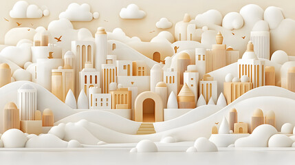 Fototapete - A serene, stylized cityscape featuring soft clouds, golden hues, and abstract buildings nestled among gentle hills