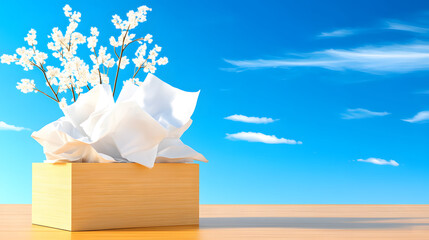 Fototapete - A wooden box filled with tissues holds delicate white flowers against a bright blue sky, creating a serene and calming atmosphere