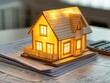 © Tonton54 - house financial investment Concept. Illuminated house model on paperwork with a calculator nearby.