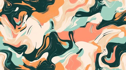 Wall Mural - abstract liquid marble swirls in teal, orange, and cream.