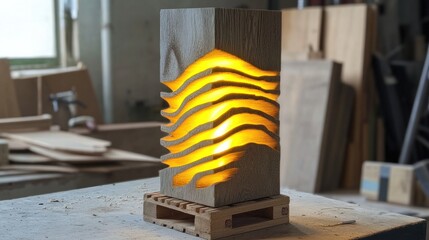 Wall Mural - Glowing wooden lamp with carved wavy design.