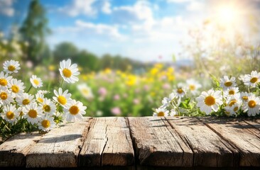 Sunny spring day, wooden table, daisies.