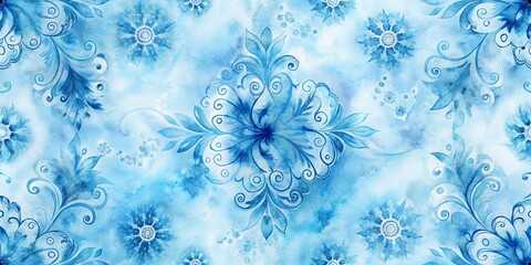 Wall Mural - Serene Watercolor Floral Design  Intricate Blue Swirls and Delicate Flower Patterns on a Soft Sky Background