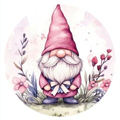 A whimsical gnome stands amidst colorful flowers, showcasing a cheerful expression and a pink hat, perfect for a garden or fairy tale theme, isolated on white background for di-cut