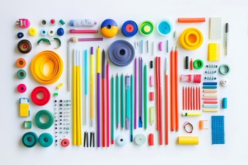 Wall Mural - Colorful stationery and art supplies arranged on white background.