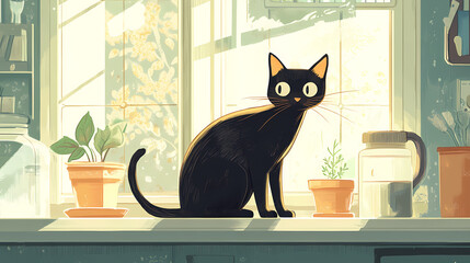 Poster - A cat observing with wide eyes from a windowsill as a housekeeper cleans the glass, the scene bathed in natural light, creating a warm and homey feel. Aurulent. Illustration