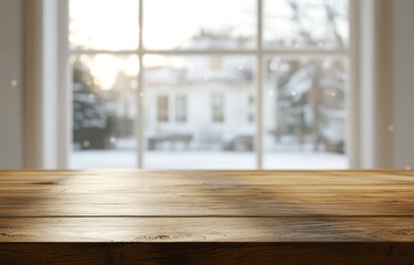 Wall Mural - Wooden table in front of snowy winter window.