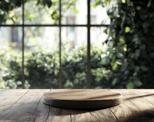 Wall Mural - wooden board on table by window with green foliage.