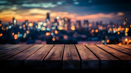 Canvas Print - Wooden table overlooking blurred city lights at sunset.