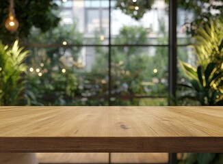 Wall Mural - empty wooden table against blurred green garden background. (1)