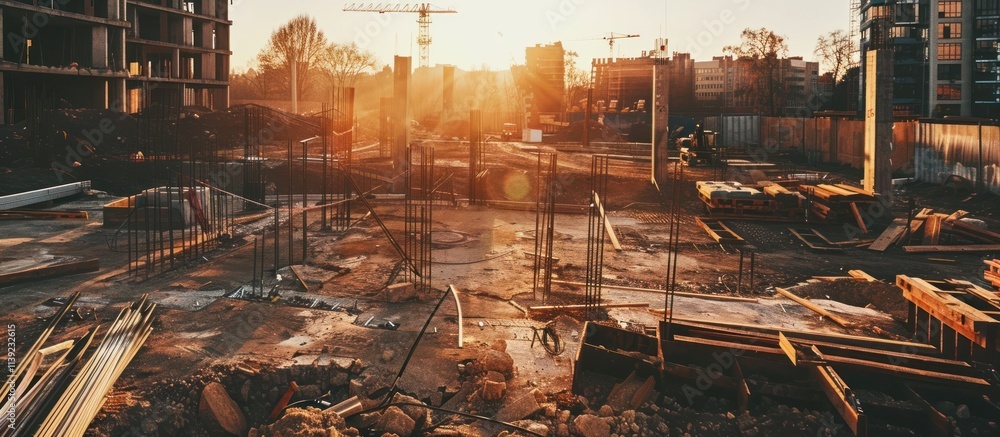 Construction site at sunset, showing foundation work, rebar, and ...