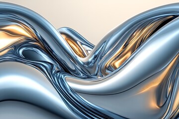 Poster - Futuristic Metallic Abstract Waves in Glossy Silver and Gold Finish Seamlessly Flowing Art : Generative AI
