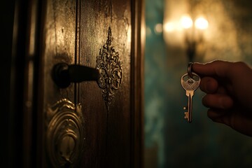 Hand holding key to antique wooden door.