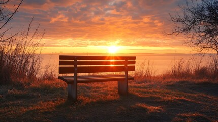 Poster - Serene Sunset View with Wooden Bench Overlooking Calm Ocean Waters and Vibrant Sky : Generative AI