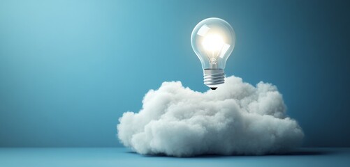 Poster - Glowing lightbulb above fluffy cloud on blue background.